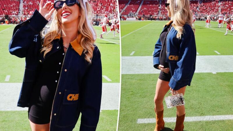 Brittany Mahomes flaunts baby bump in romper and custom jacket at Chiefs vs. 49ers game