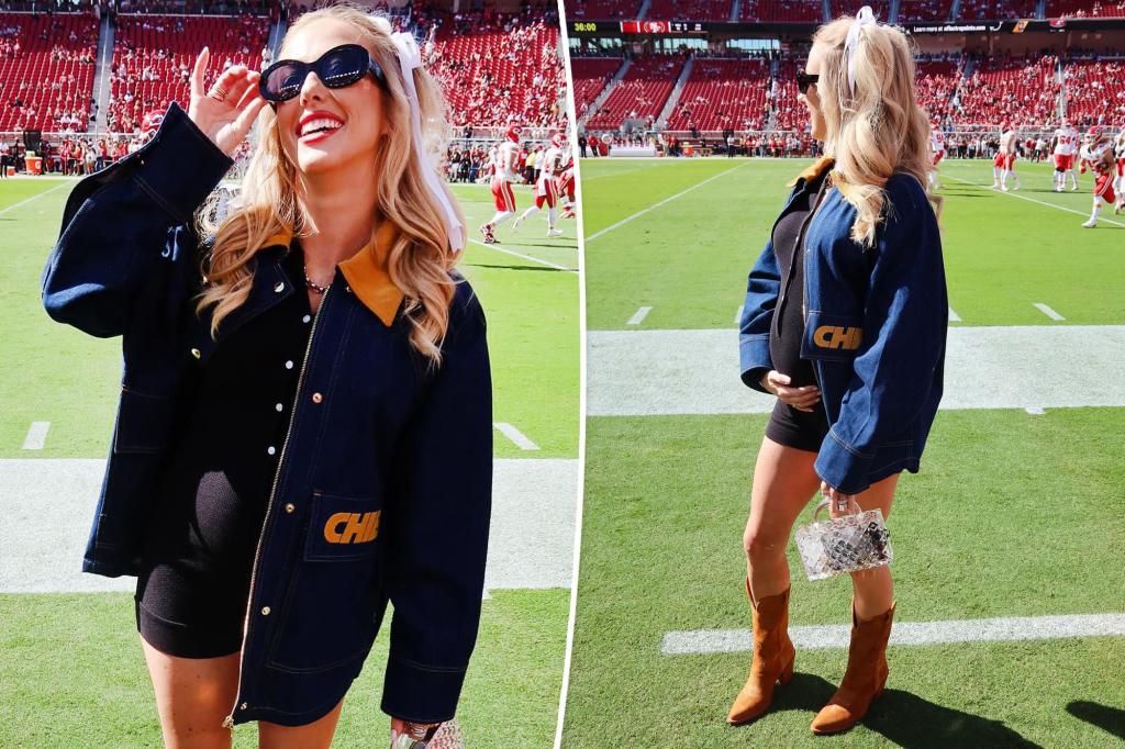 Brittany Mahomes flaunts baby bump in romper and custom jacket at Chiefs vs. 49ers game