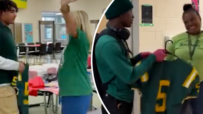 Football players surprise favorite teachers with honorary jerseys (Video)