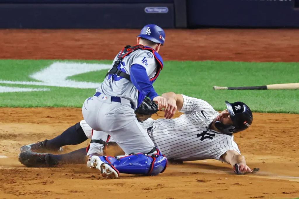 Giancarlo Stanton tagged out at home in befuddling Yankees World Series decision