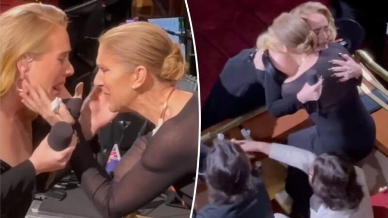 Adele bursts into tears as she embraces Celine Dion during her Las Vegas residency