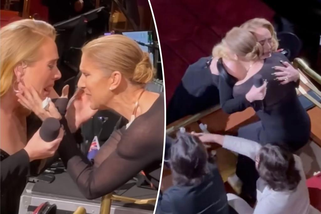 Adele bursts into tears as she embraces Celine Dion during her Las Vegas residency