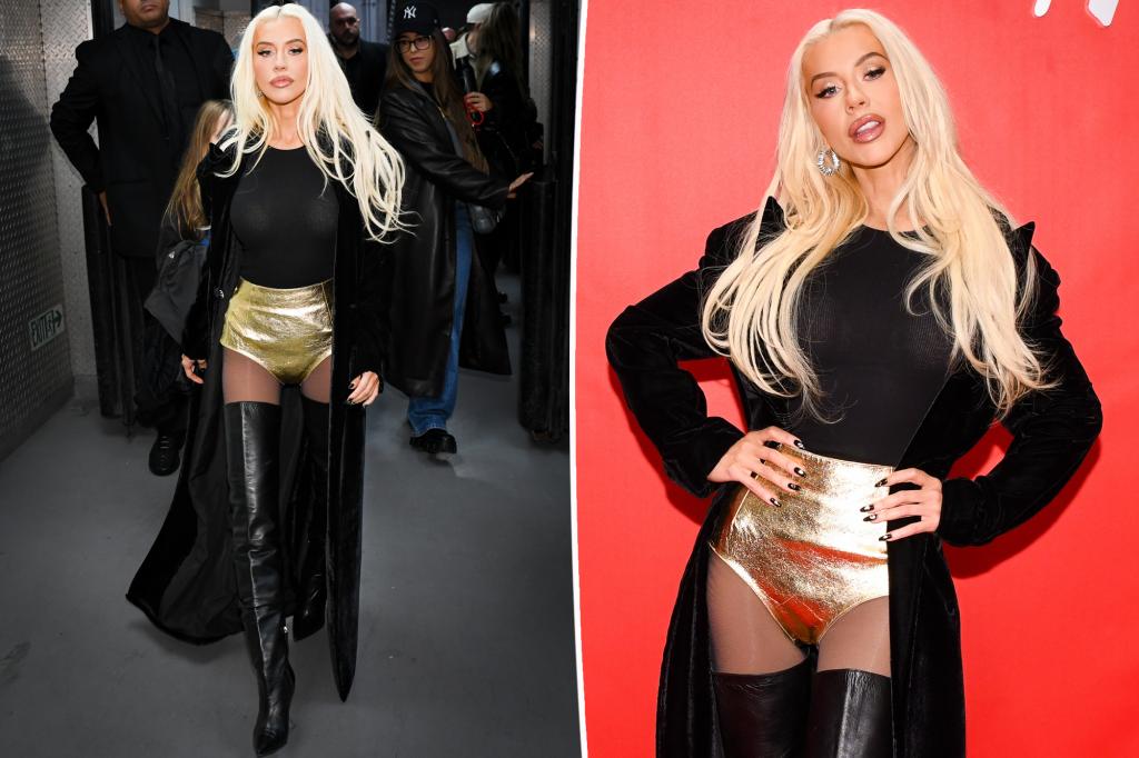 Christina Aguilera glows in gold hot pants and thigh-high boots