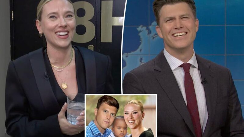 Colin Jost jokes about Scarlett Johansson on ‘SNL’ as she watches backstage