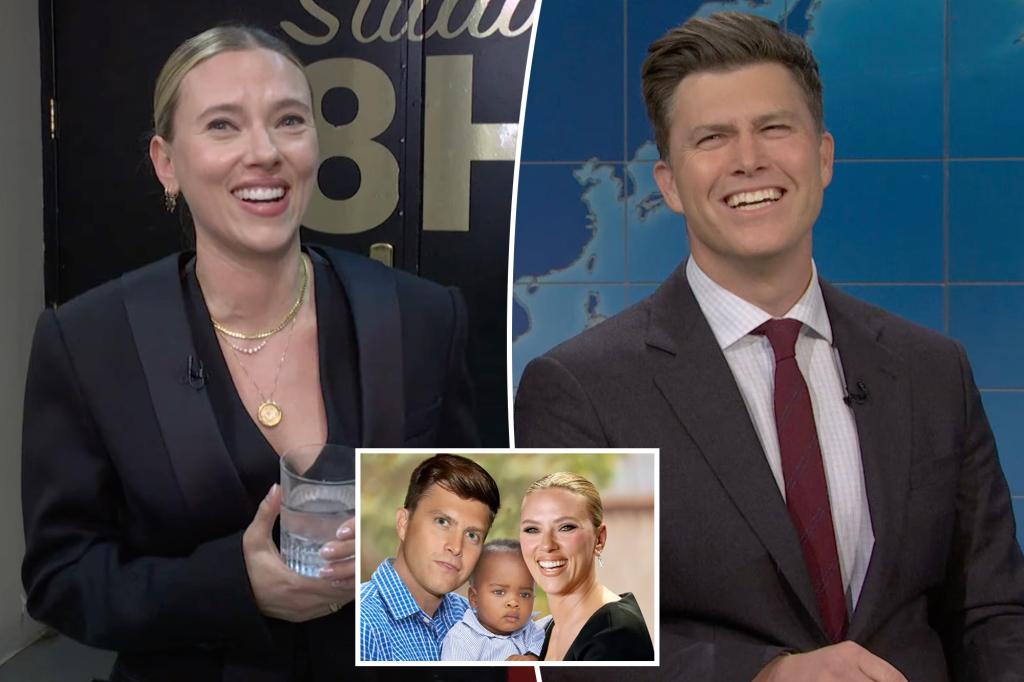 Colin Jost jokes about Scarlett Johansson on ‘SNL’ as she watches backstage