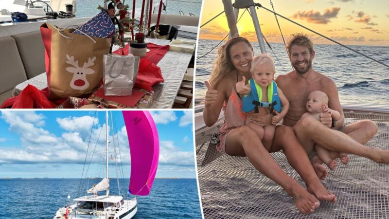 Family living on sailboat enjoying minimalist Christmas at sea