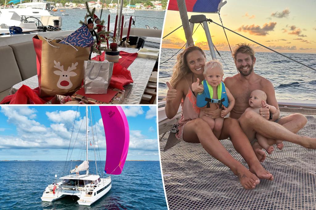 Family living on sailboat enjoying minimalist Christmas at sea