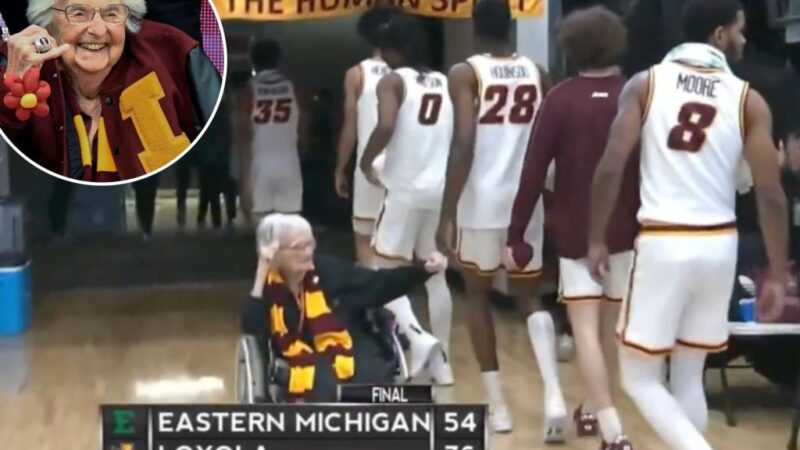 Loyola Chicago fan Sister Jean left hanging by players in viral clip