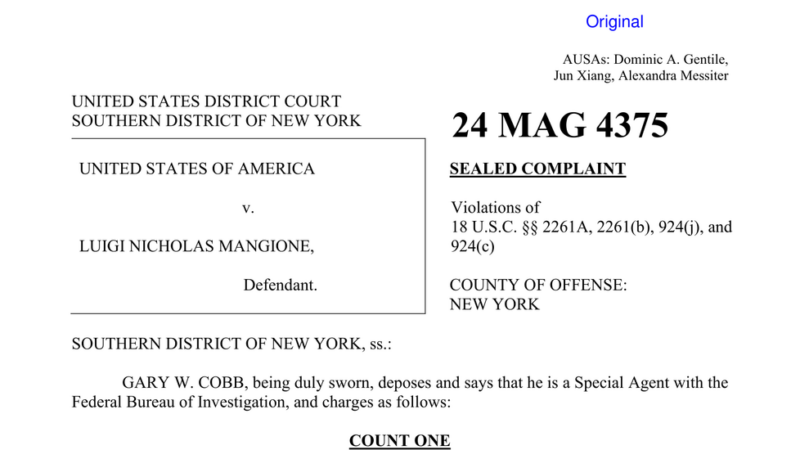 Read the Criminal Complaint Against Luigi Mangione