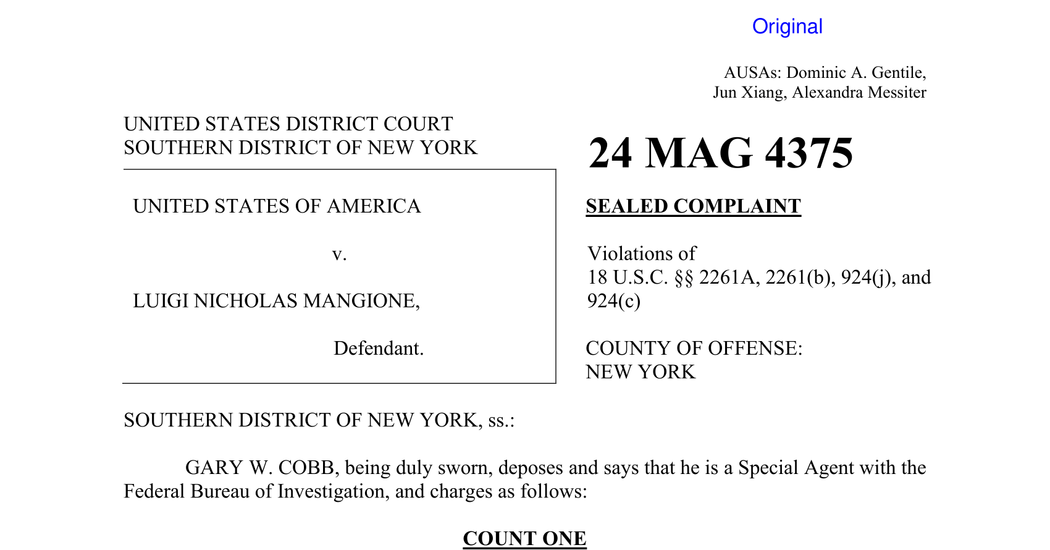 Read the Criminal Complaint Against Luigi Mangione