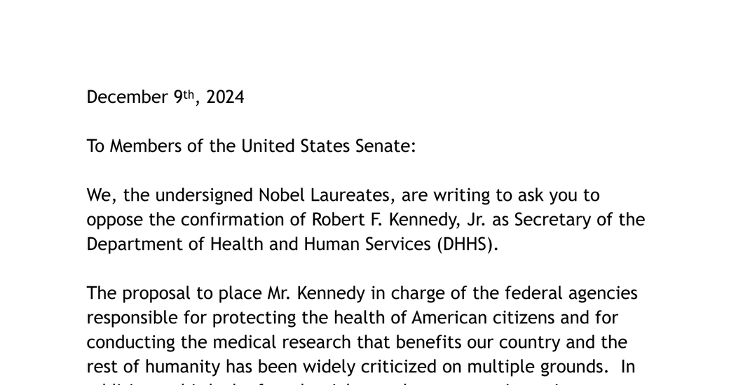 Read the Letter From Nobel Laureates Urging That Mr. Kennedy Not be Confirmed