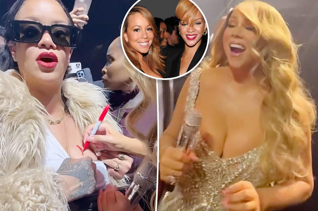 Watch Mariah Carey autograph Rihanna’s breast at final Christmas concert