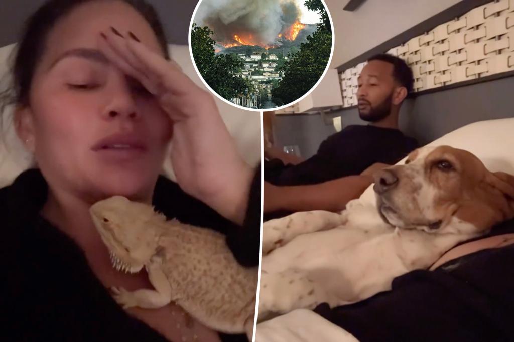 Chrissy Teigen, John Legend take refuge from LA wildfires in a hotel with their four kids, dogs and pet bearded dragon