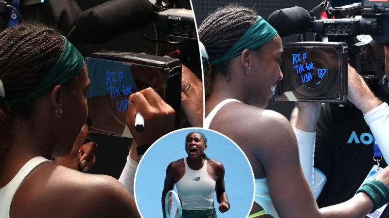 Coco Gauff writes ‘RIP TikTok USA’ on a TV camera at the Australian Open