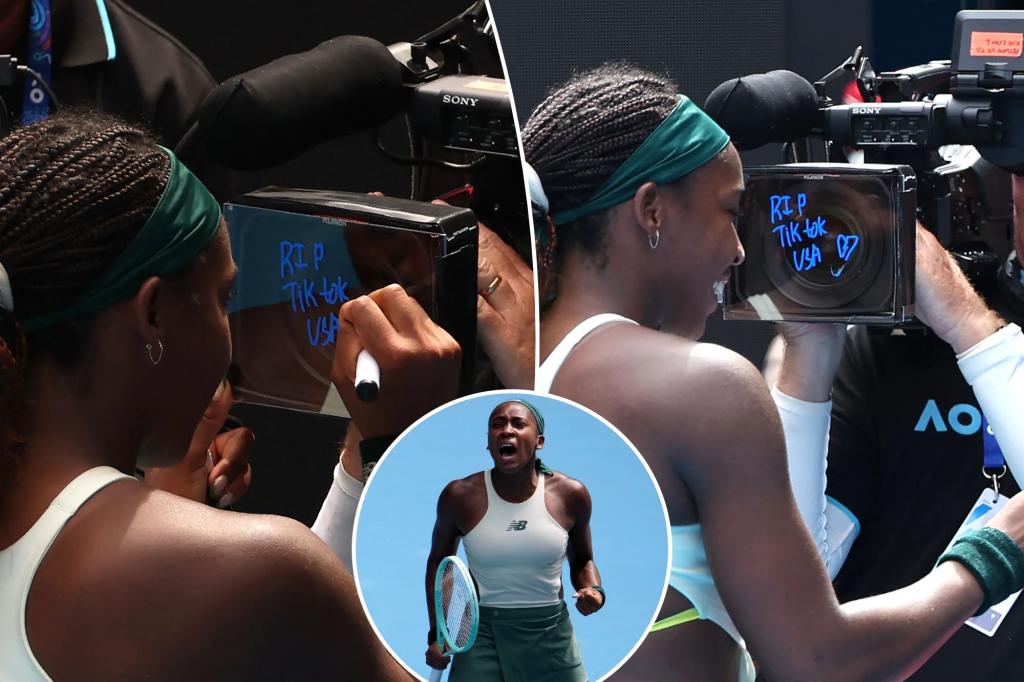 Coco Gauff writes ‘RIP TikTok USA’ on a TV camera at the Australian Open