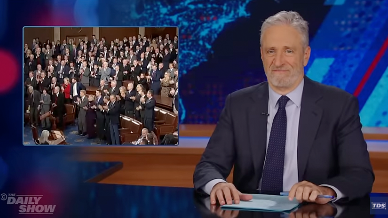 Jon Stewart grimaces at Harris being forced to certify Trump election win