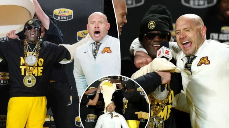 Minnesota’s P.J. Fleck gets mayo bath from guest mascot Flavor Flav