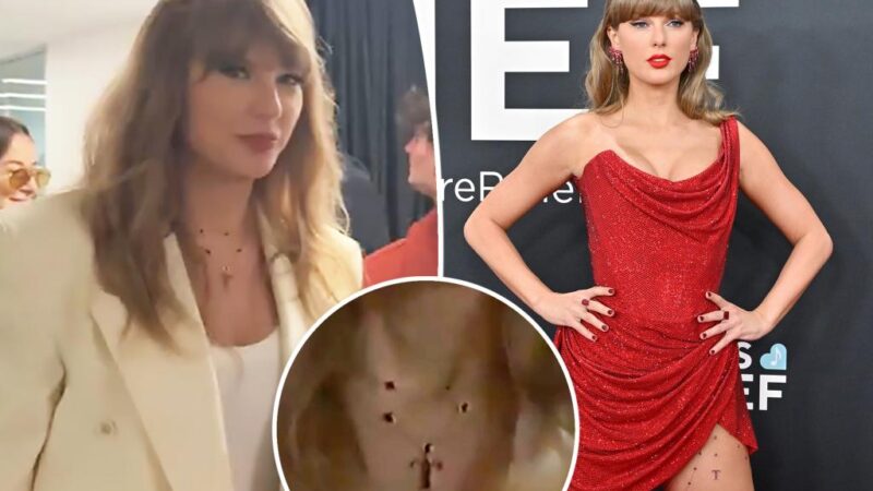 Taylor Swift hits Super Bowl 2025 rewearing ruby ‘T’ charm from Grammys