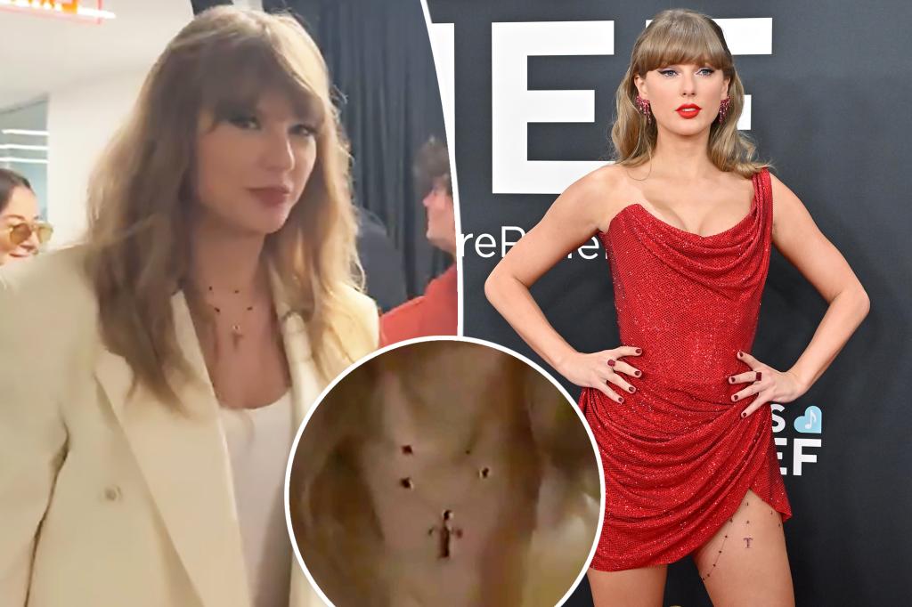 Taylor Swift hits Super Bowl 2025 rewearing ruby ‘T’ charm from Grammys