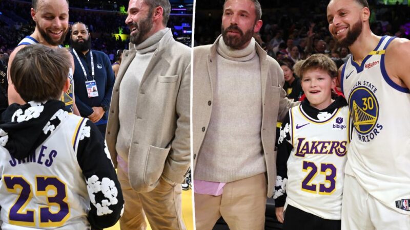 Ben Affleck, son Samuel chat with Steph Curry at NBA game