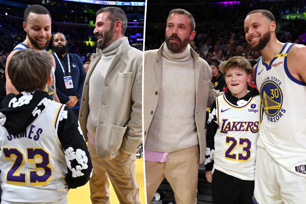 Ben Affleck, son Samuel chat with Steph Curry at NBA game