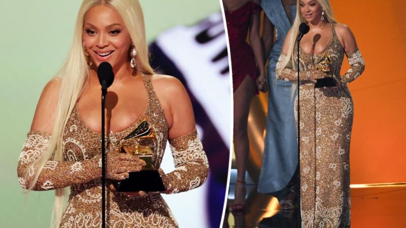 Beyoncé goes for Western glam in gold paisley gown and matching gloves at Grammys 2025