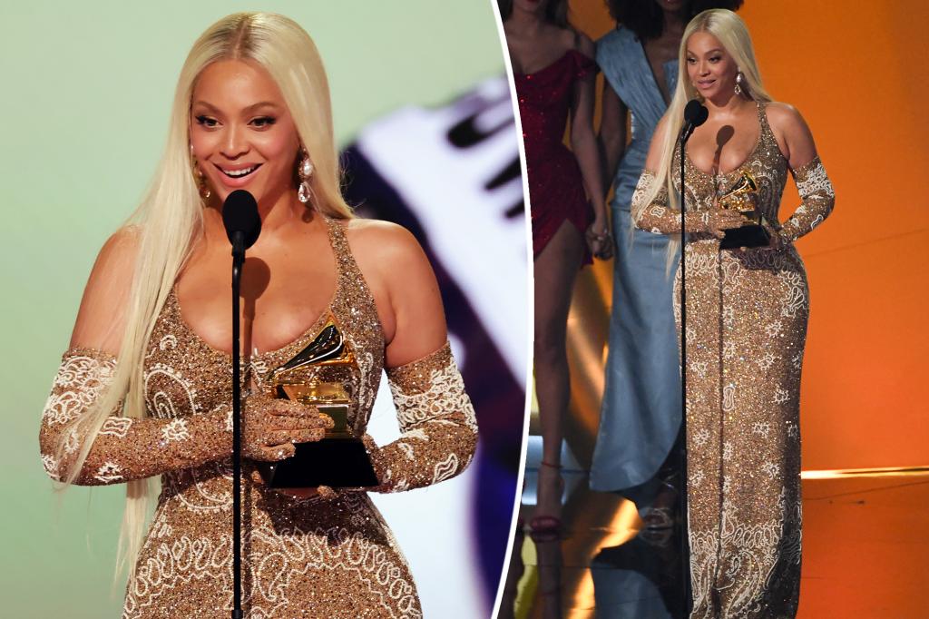 Beyoncé goes for Western glam in gold paisley gown and matching gloves at Grammys 2025