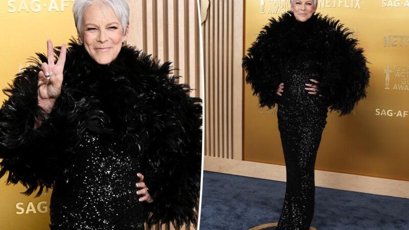 Jamie Lee Curtis wears sequined and feather gown on SAG Awards 2025 red carpet