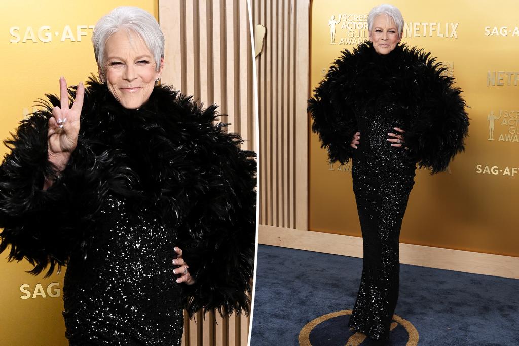 Jamie Lee Curtis wears sequined and feather gown on SAG Awards 2025 red carpet