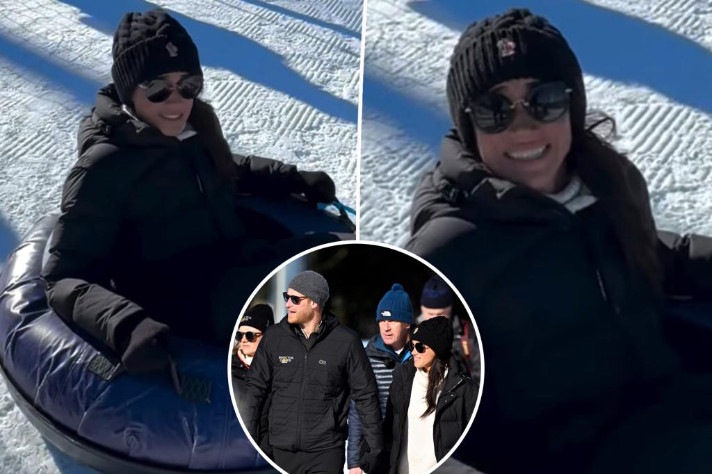 Meghan Markle reluctantly goes snow tubing down huge hill with help from Prince Harry