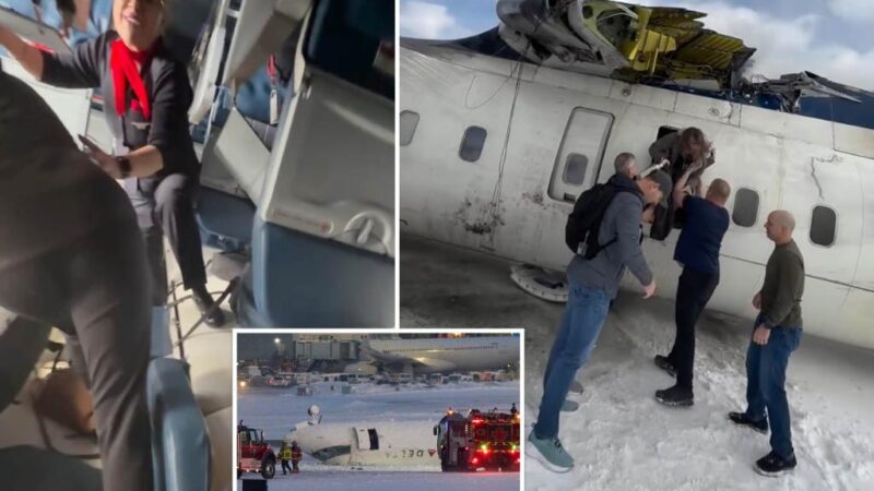 Passenger onboard flipped Delta flight posts wild evacuation footage revealing damage to interior and exterior of the plane