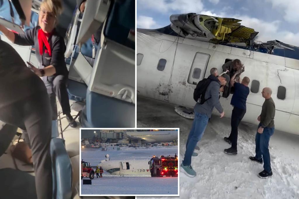 Passenger onboard flipped Delta flight posts wild evacuation footage revealing damage to interior and exterior of the plane