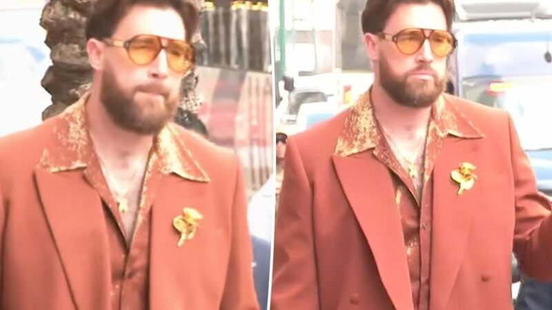 Travis Kelce goes groovy as he arrives at Super Bowl 2025