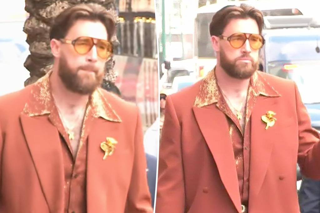 Travis Kelce goes groovy as he arrives at Super Bowl 2025