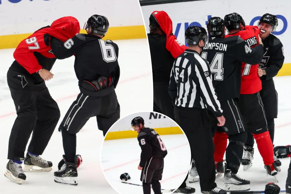 Watch Justin Bieber drops gloves with Jeremy Roenick at L.A. charity hockey game