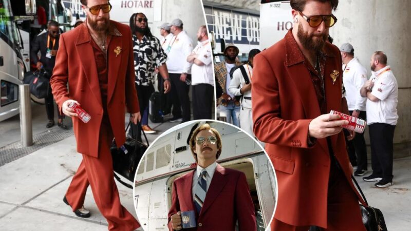 Travis Kelce rocks ‘70s-inspired ‘Anchorman’ suit for Super Bowl 2025