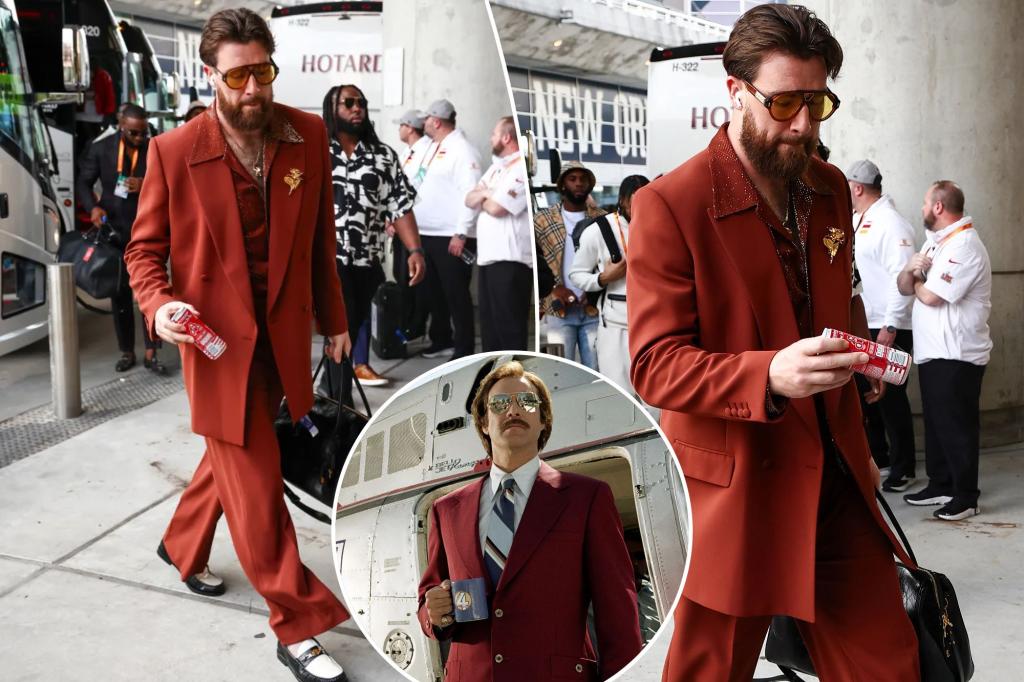 Travis Kelce rocks ‘70s-inspired ‘Anchorman’ suit for Super Bowl 2025