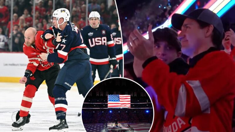 Canada hockey fans boo US national anthem with Trudeau in crowd before Americans win brawl-filled showdown