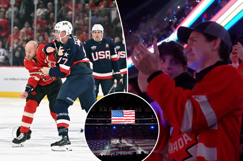 Canada hockey fans boo US national anthem with Trudeau in crowd before Americans win brawl-filled showdown