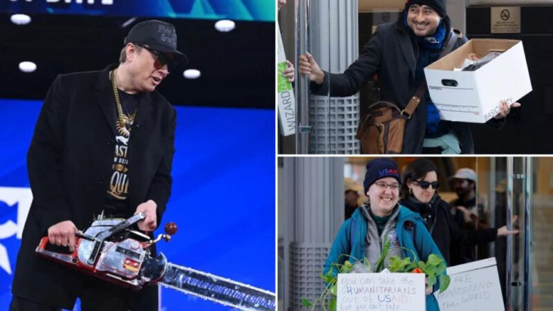 Axed USAID staff smile as they haul personal belongings — with messages for Trump — out of DC office 