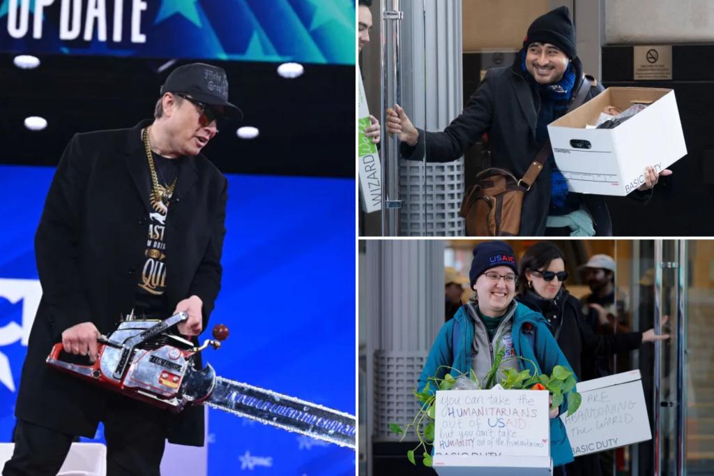 Axed USAID staff smile as they haul personal belongings — with messages for Trump — out of DC office 